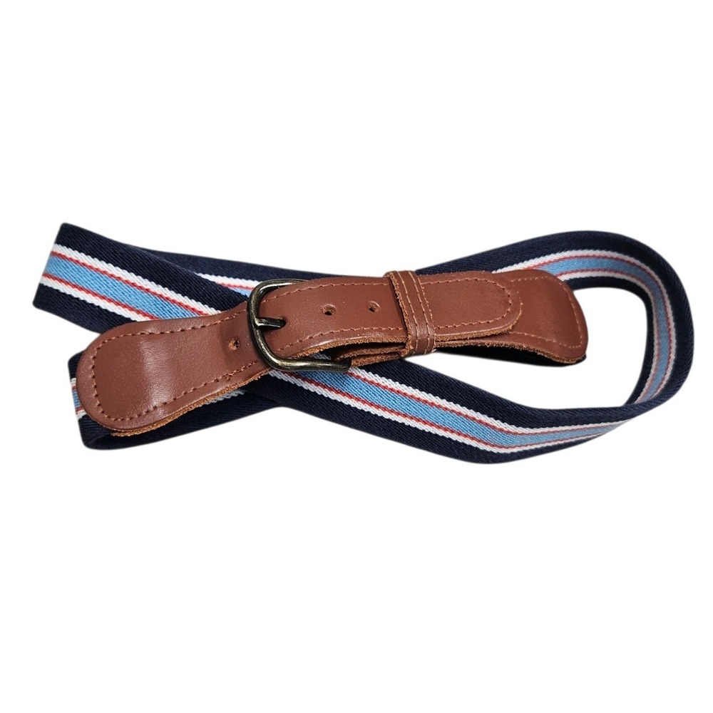 Striped‎ Web Belt 33 Genuine Leather Navy Blue Red Accents Casual Woven Preppy